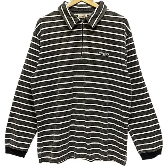 Guess Other - Vintage Guess Jeans Striped Quarter Zip Polo Long Sleeve Velour Textured Shirt